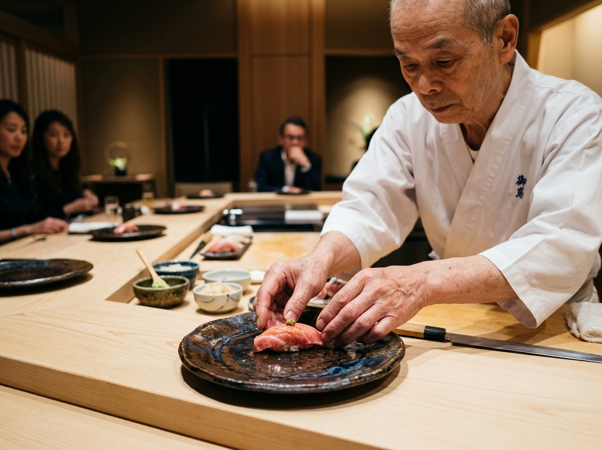 Master Sushi Chef serving Otoro Nigiri at a Hinoki Counter in Tokyo