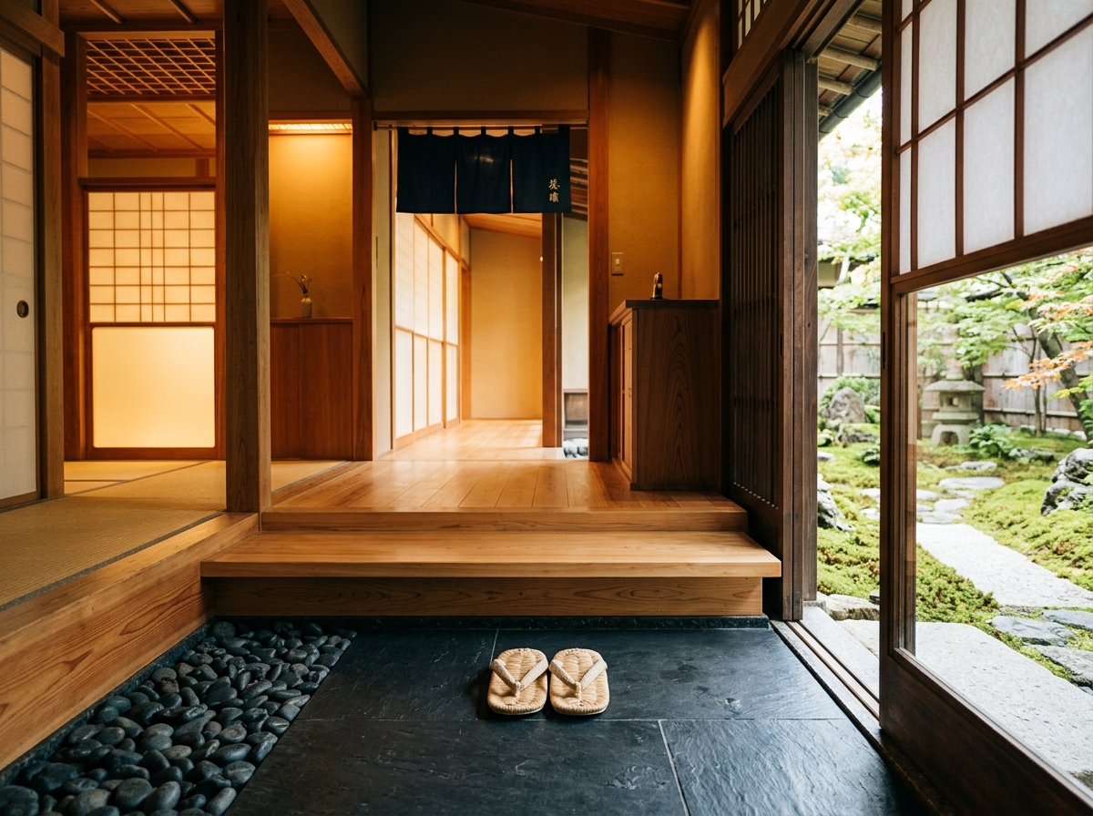 Traditional Japanese Ryokan Entranceway and Moss Garden