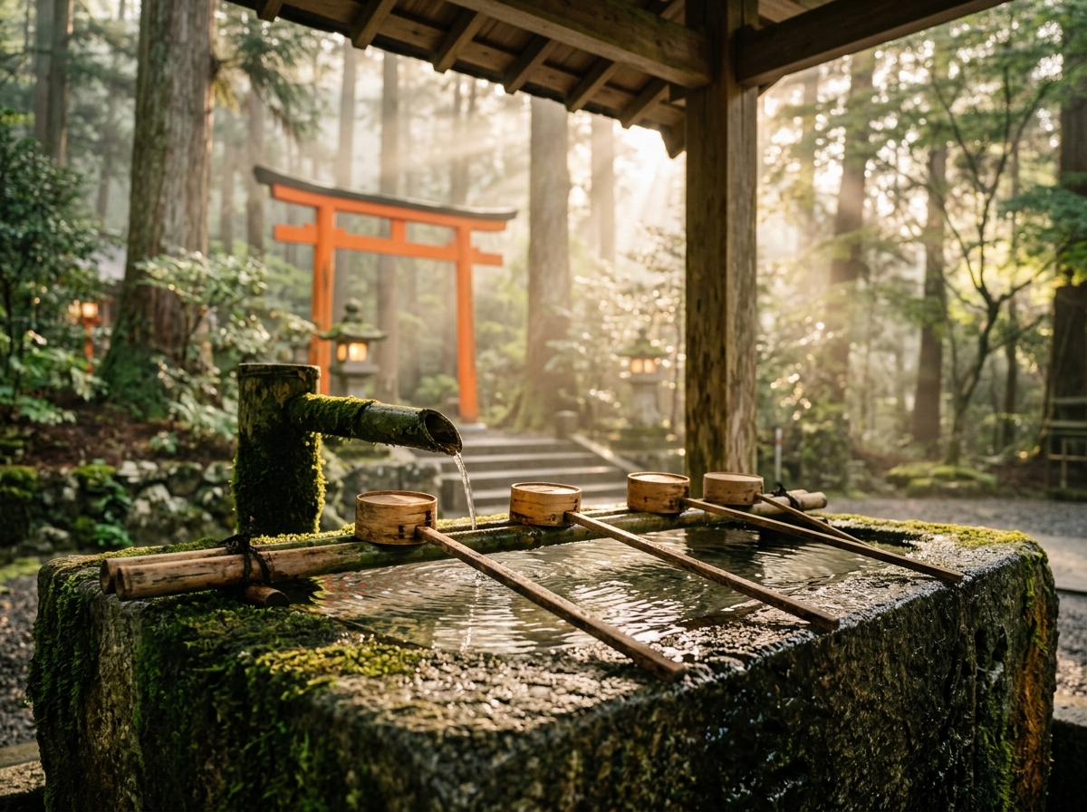 Kyoto Shinto Shrine Temizuya Water Purification Pavilion and Torii Gate